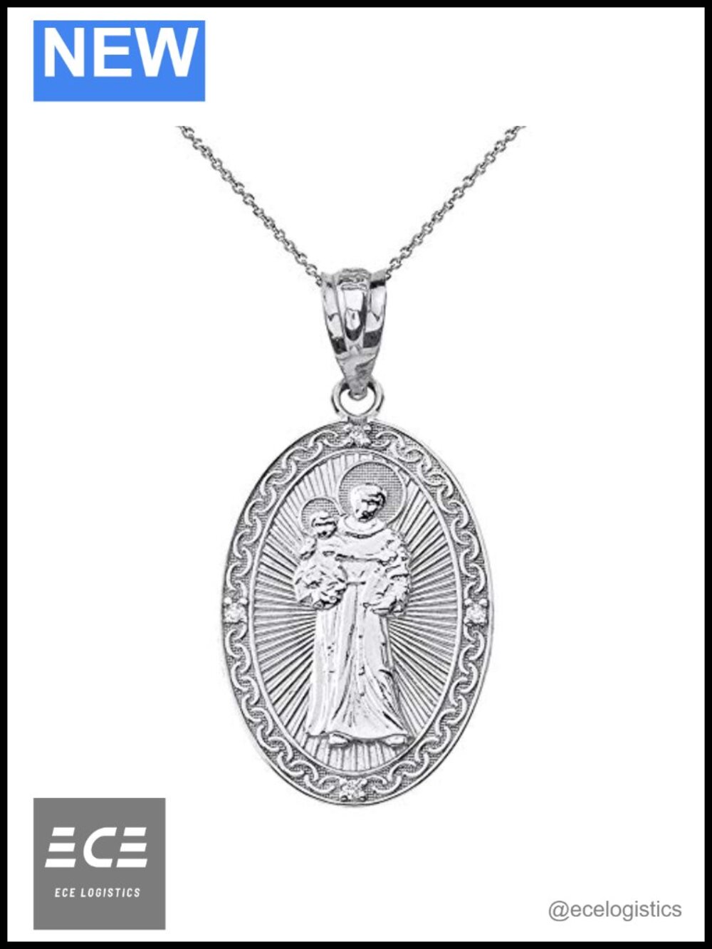 925 Sterling Silver St Anthony Oval Medal CZ Pendant Necklace 18"
